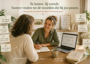 Afbeelding met Ik luister, jij vertelt. Samen vinden we woorden die bij jou passen