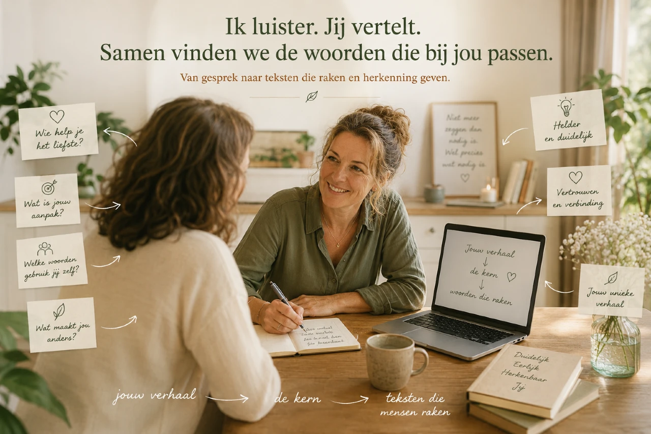 Afbeelding met Ik luister, jij vertelt. Samen vinden we woorden die bij jou passen
