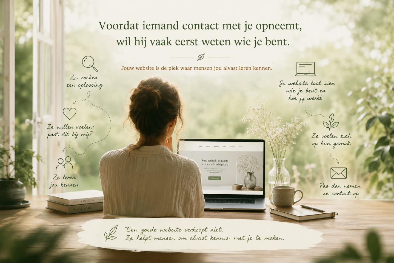 Afbeelding met hierop diverse zaken die laten zien dat een website eigenlijk veel meer dient als kennismaking voor jouw toekomstige klant dan dat het om jou draait.